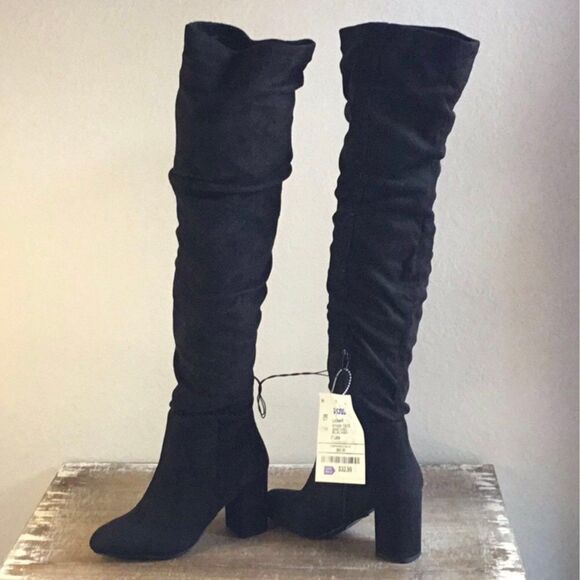 NWT black thigh length suede look chunky heel boots Size 5 1/2 - Picture 9 of 12